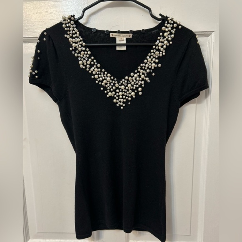 Elegant Black V-neck Sweater by Nanette Lapore Size Small Beaded Pearl Collar
